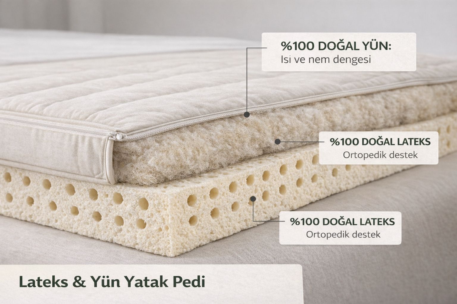 Soub Sleep Doğal Lateks ve Yün Yatak Pedi 7 cm